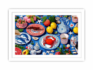 Colorful seafood illustration canvas art for coastal kitchen decor.