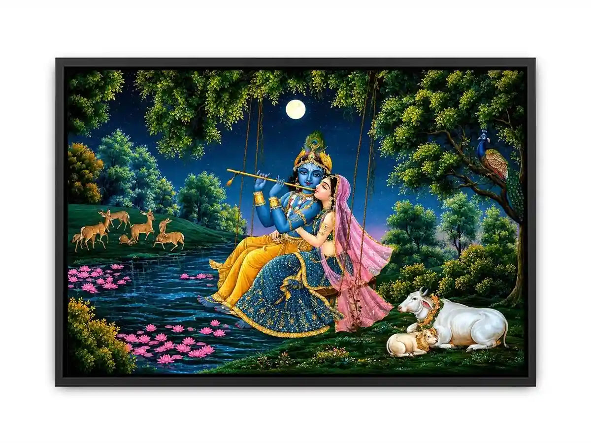 Krishna and Radha spiritual canvas art for peaceful living room decor.