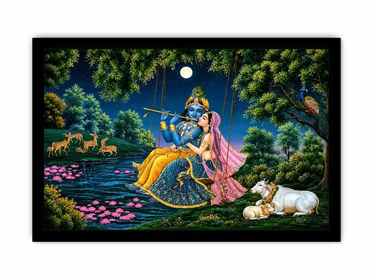 Krishna and Radha spiritual canvas art for peaceful living room decor.