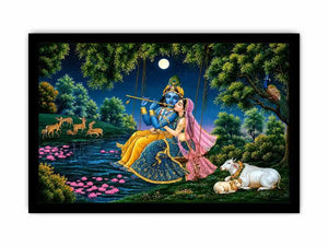 Krishna and Radha spiritual canvas art for peaceful living room decor.