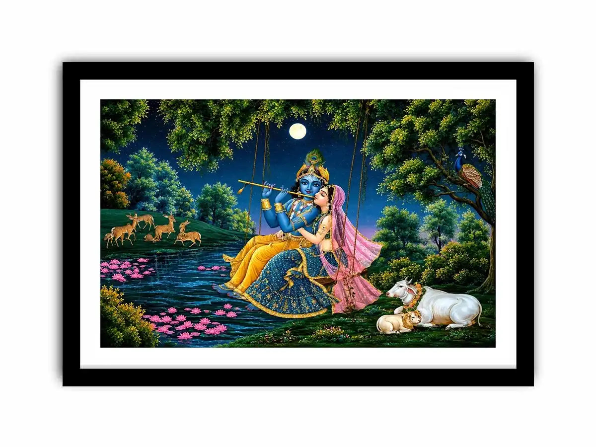 Krishna and Radha spiritual canvas art for peaceful living room decor.