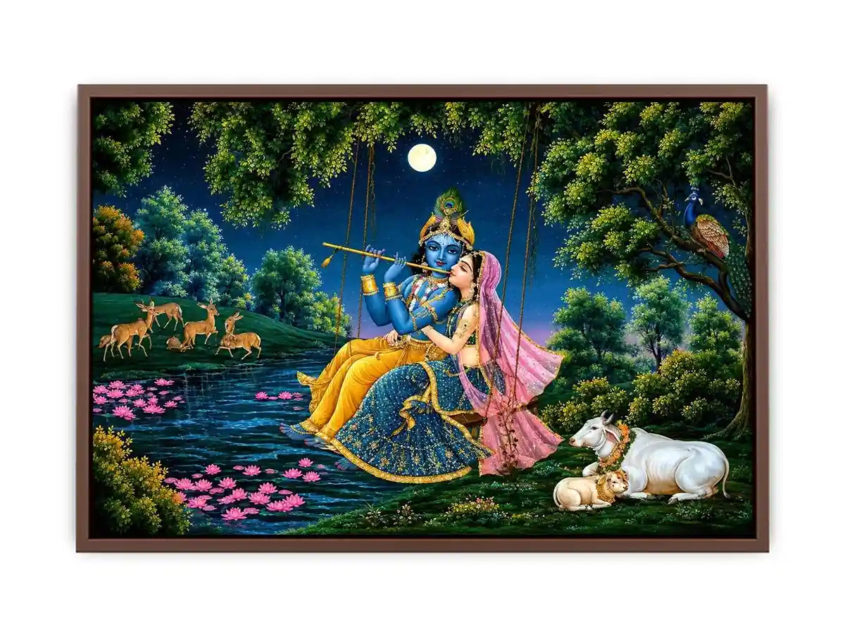 Krishna and Radha spiritual canvas art for peaceful living room decor.