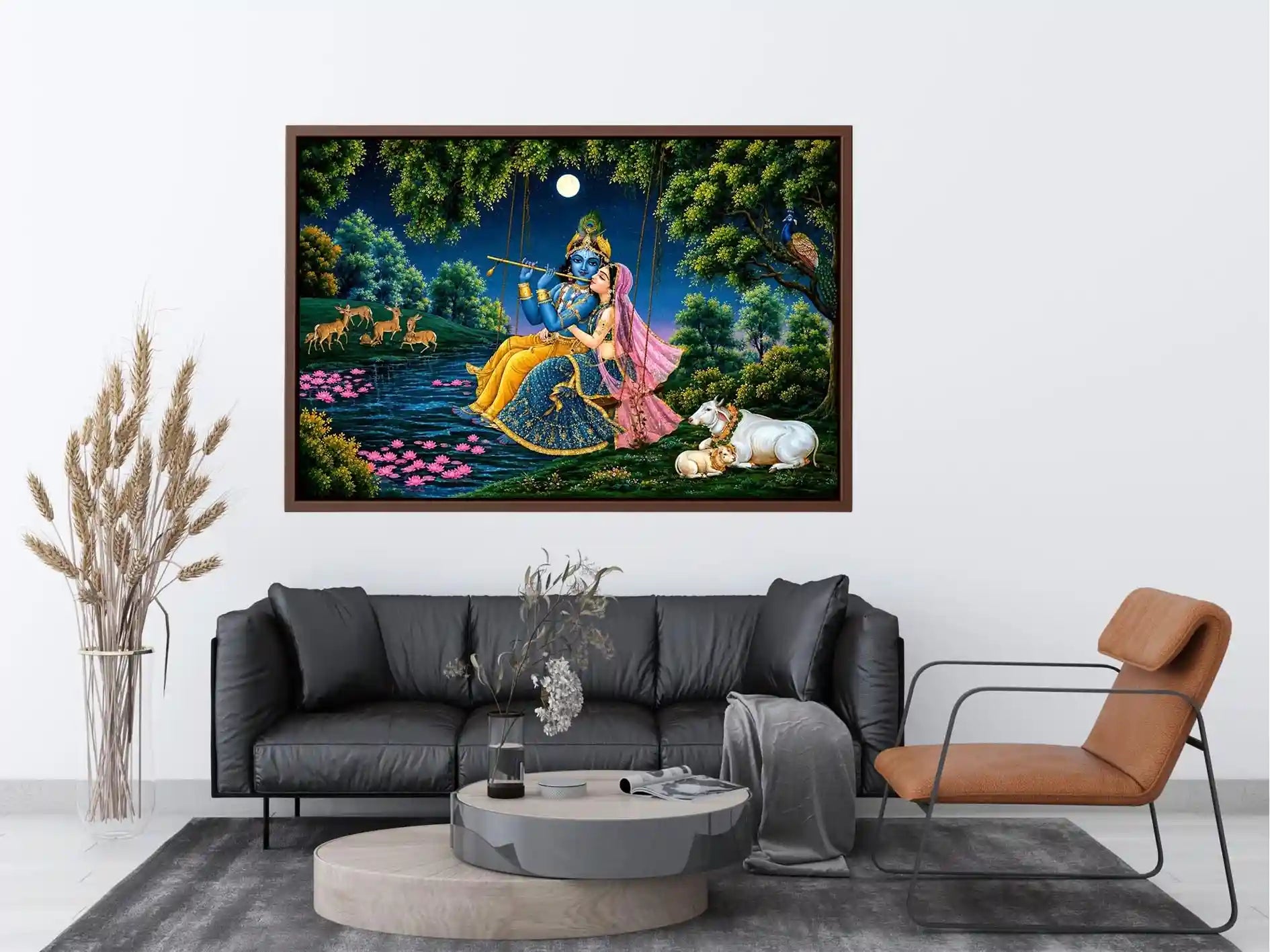 Krishna and Radha spiritual canvas art for peaceful living room decor.