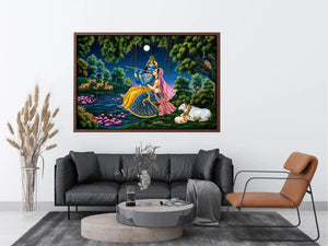 Krishna and Radha spiritual canvas art for peaceful living room decor.