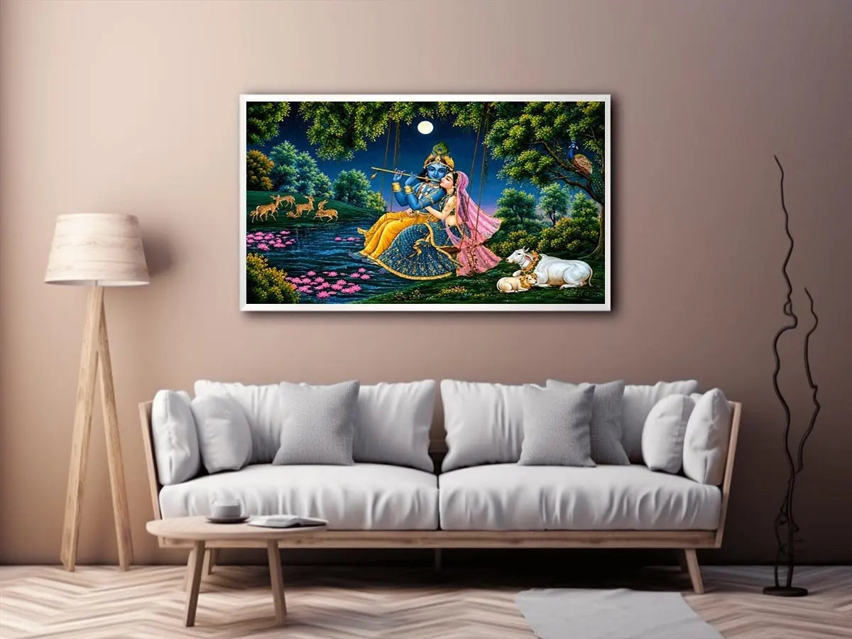 Krishna and Radha spiritual canvas art for peaceful living room decor.
