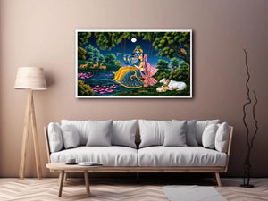 Krishna and Radha spiritual canvas art for peaceful living room decor.