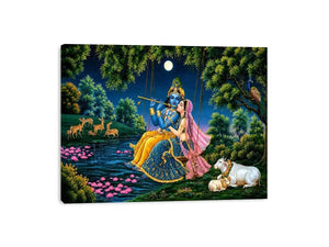 Krishna and Radha spiritual canvas art for peaceful living room decor.