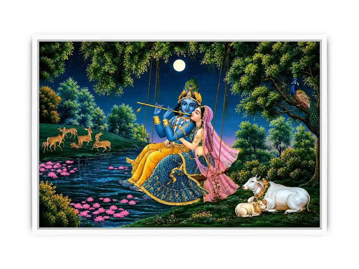 Krishna and Radha spiritual canvas art for peaceful living room decor.
