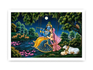 Krishna and Radha spiritual canvas art for peaceful living room decor.