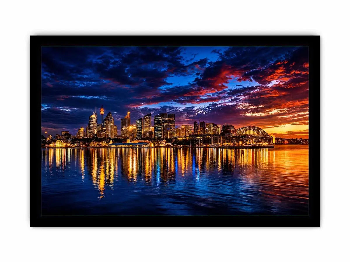 Sydney harbour skyline canvas art for dramatic modern living room decor.