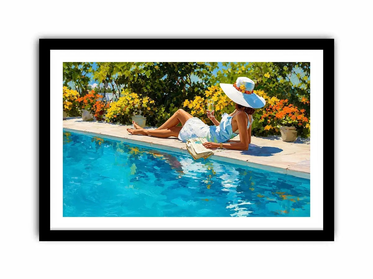 Elegant poolside woman canvas art for bright luxury bedroom decor.