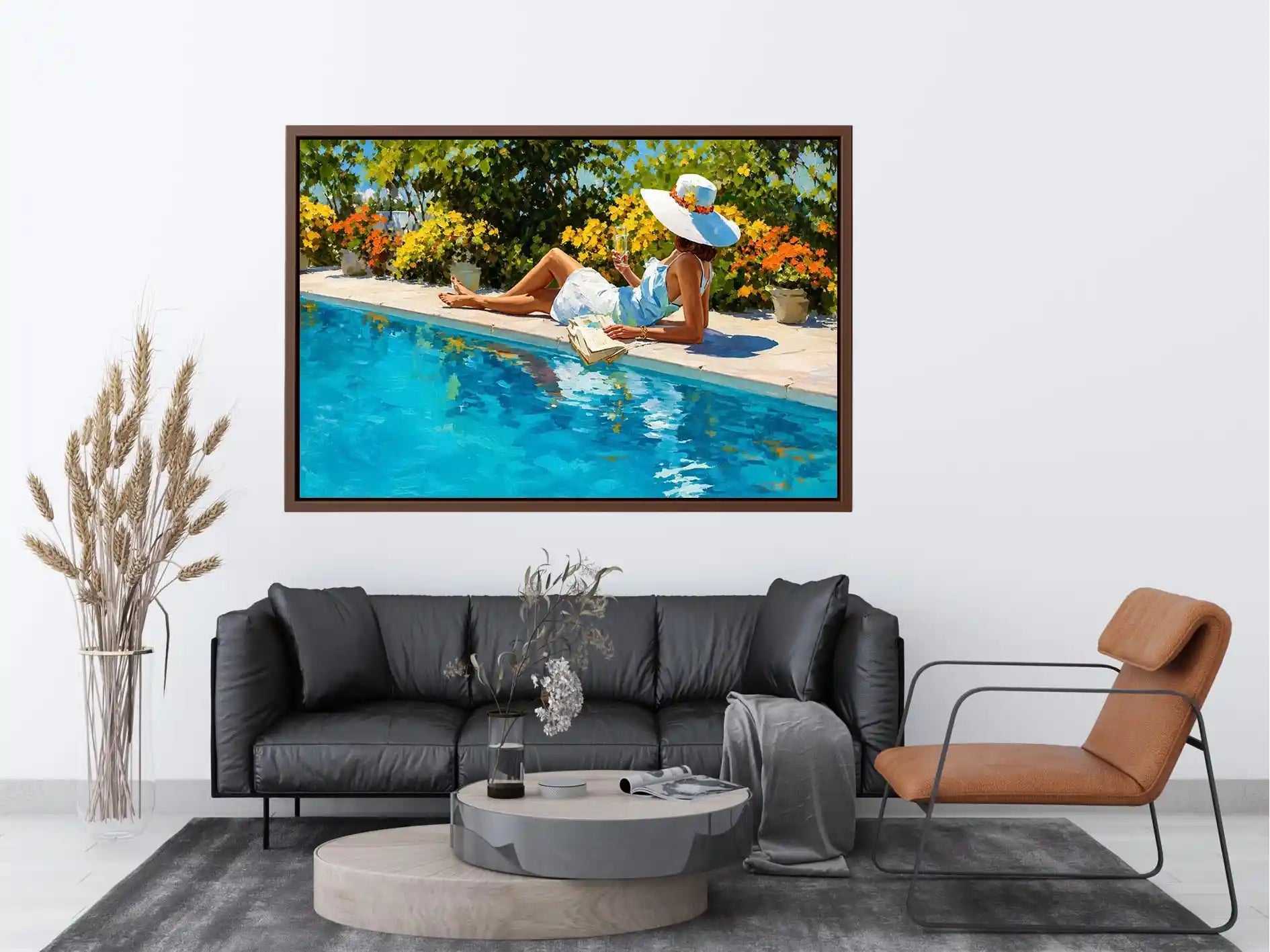 Elegant poolside woman canvas art for bright luxury bedroom decor.