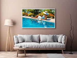 Elegant poolside woman canvas art for bright luxury bedroom decor.