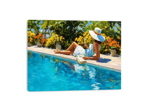 Elegant poolside woman canvas art for bright luxury bedroom decor.