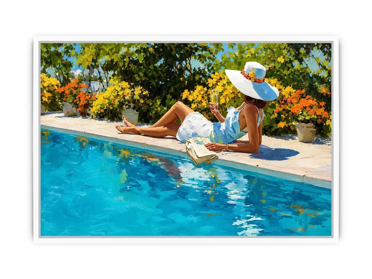 Elegant poolside woman canvas art for bright luxury bedroom decor.