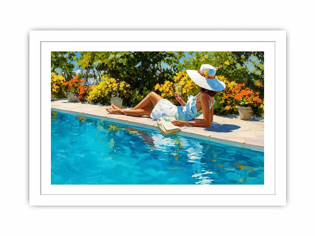 Elegant poolside woman canvas art for bright luxury bedroom decor.