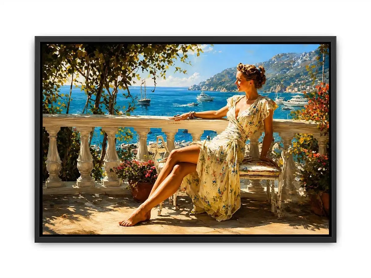 Elegant Mediterranean woman canvas art for coastal bedroom decor.