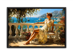 Elegant Mediterranean woman canvas art for coastal bedroom decor.