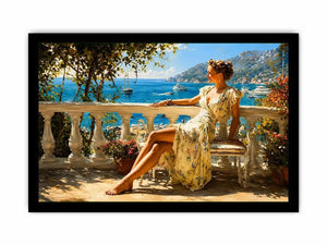 Elegant Mediterranean woman canvas art for coastal bedroom decor.