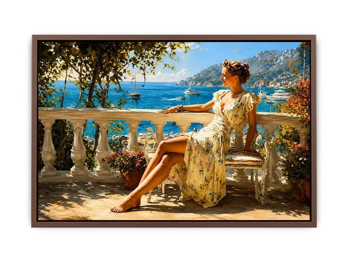 Elegant Mediterranean woman canvas art for coastal bedroom decor.