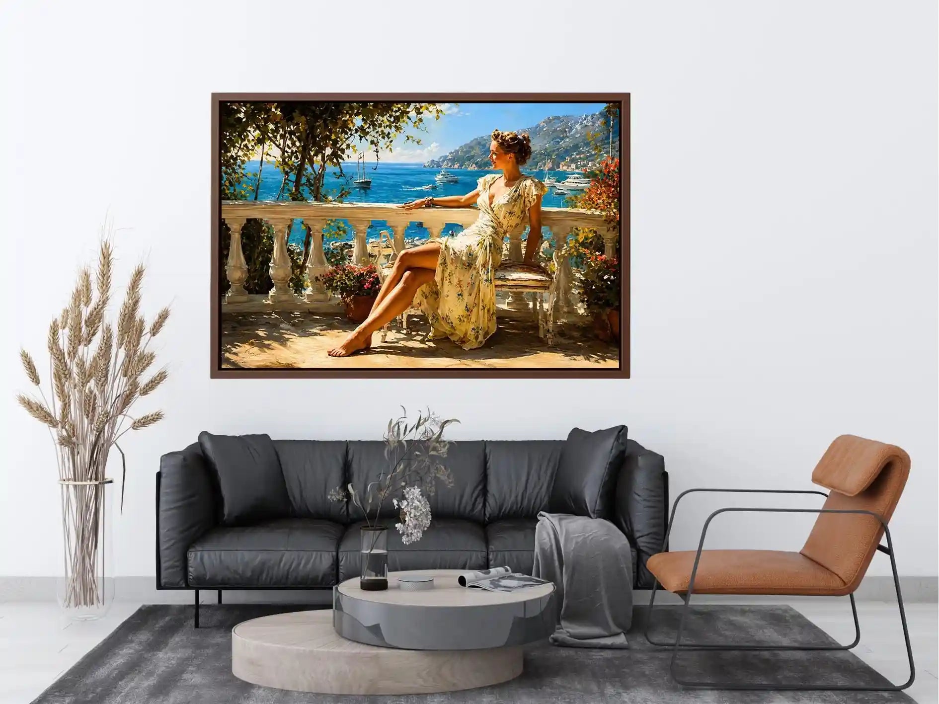 Elegant Mediterranean woman canvas art for coastal bedroom decor.