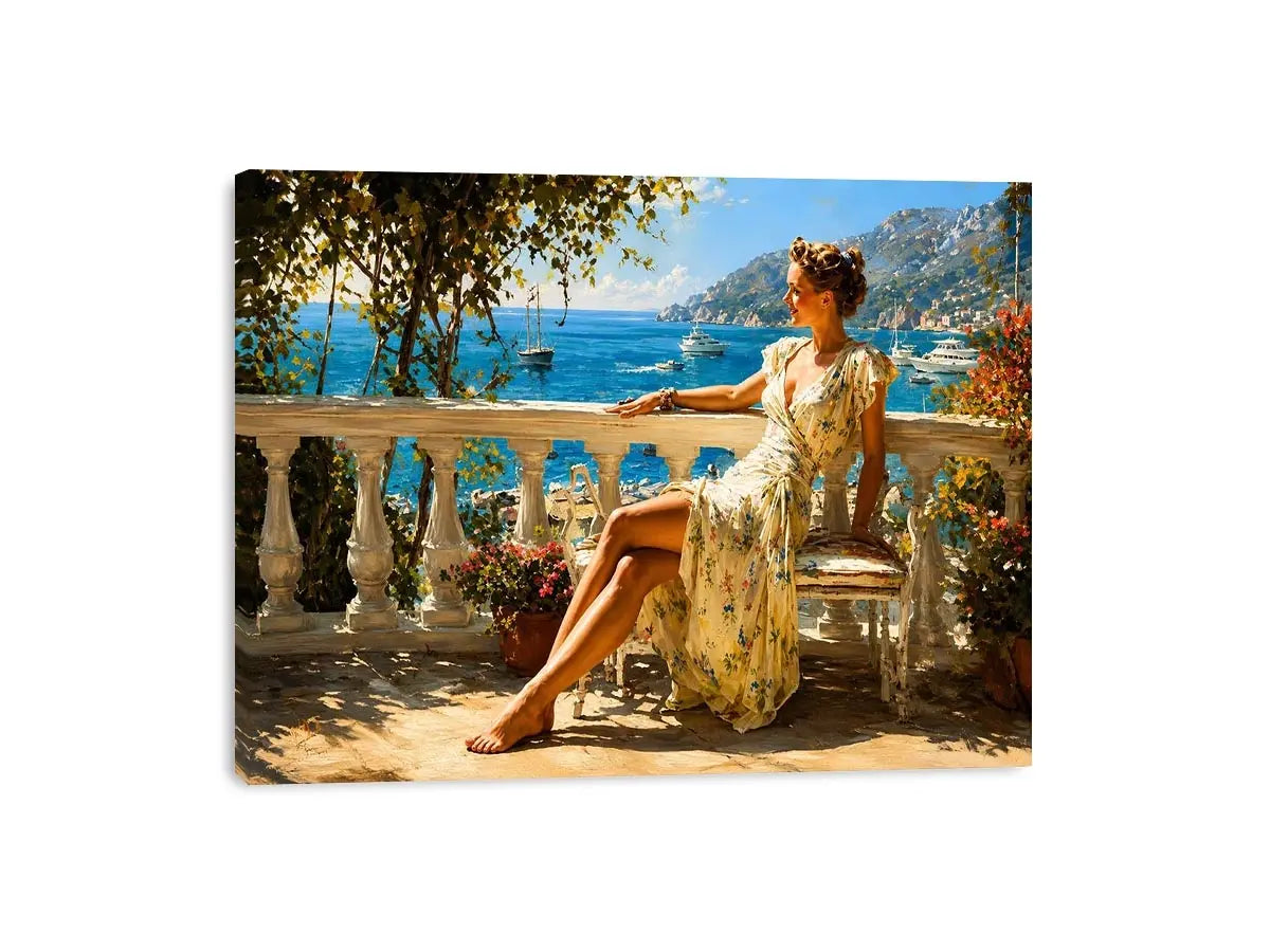 Elegant Mediterranean woman canvas art for coastal bedroom decor.