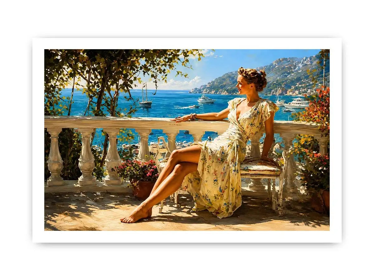 Elegant Mediterranean woman canvas art for coastal bedroom decor.