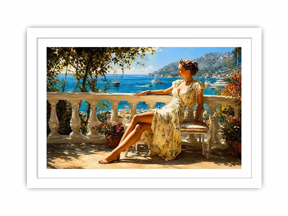 Elegant Mediterranean woman canvas art for coastal bedroom decor.