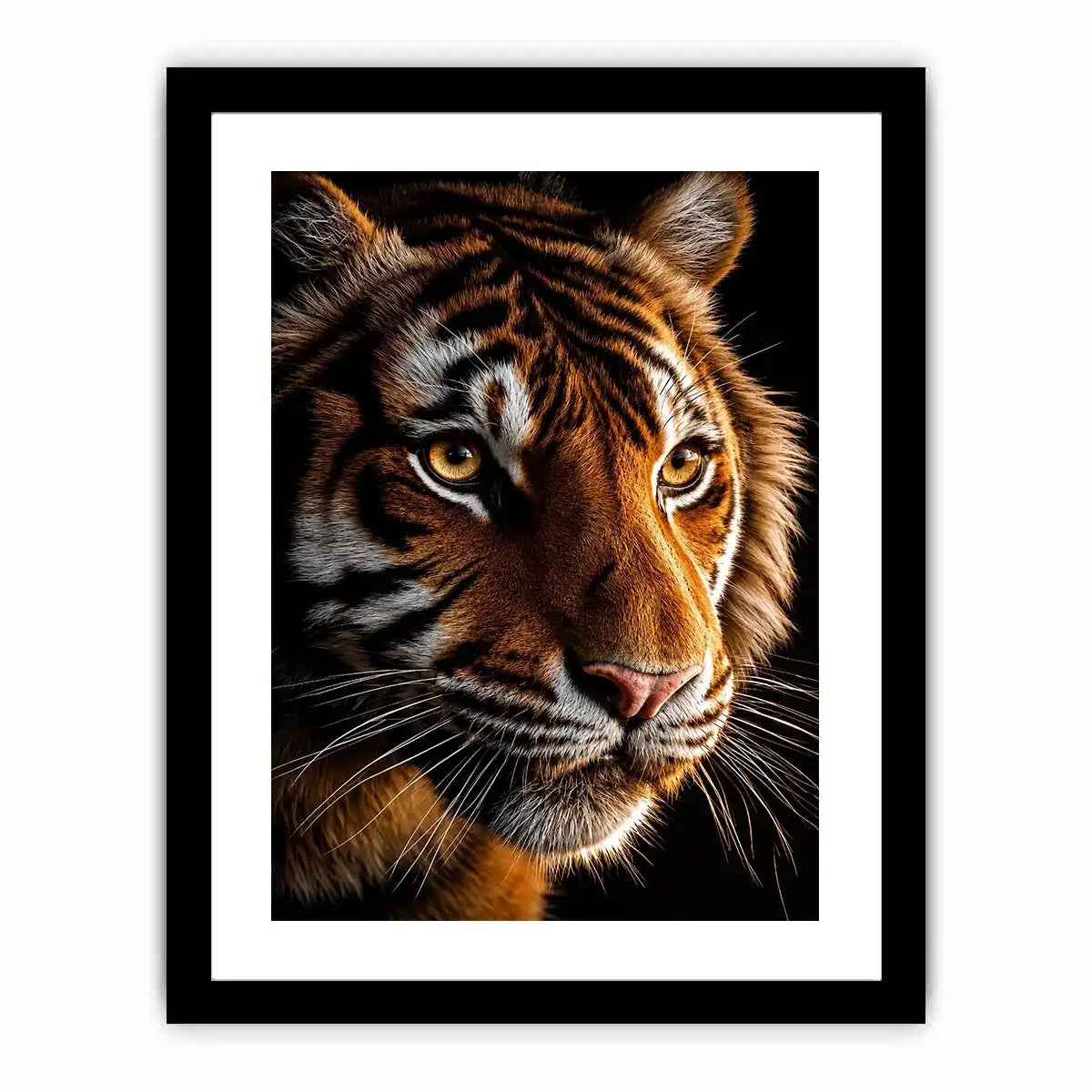 Tiger portrait canvas art with dramatic lighting for modern living room decor.