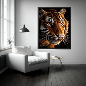 Tiger portrait canvas art with dramatic lighting for modern living room decor.