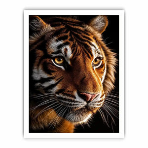 Tiger portrait canvas art with dramatic lighting for modern living room decor.