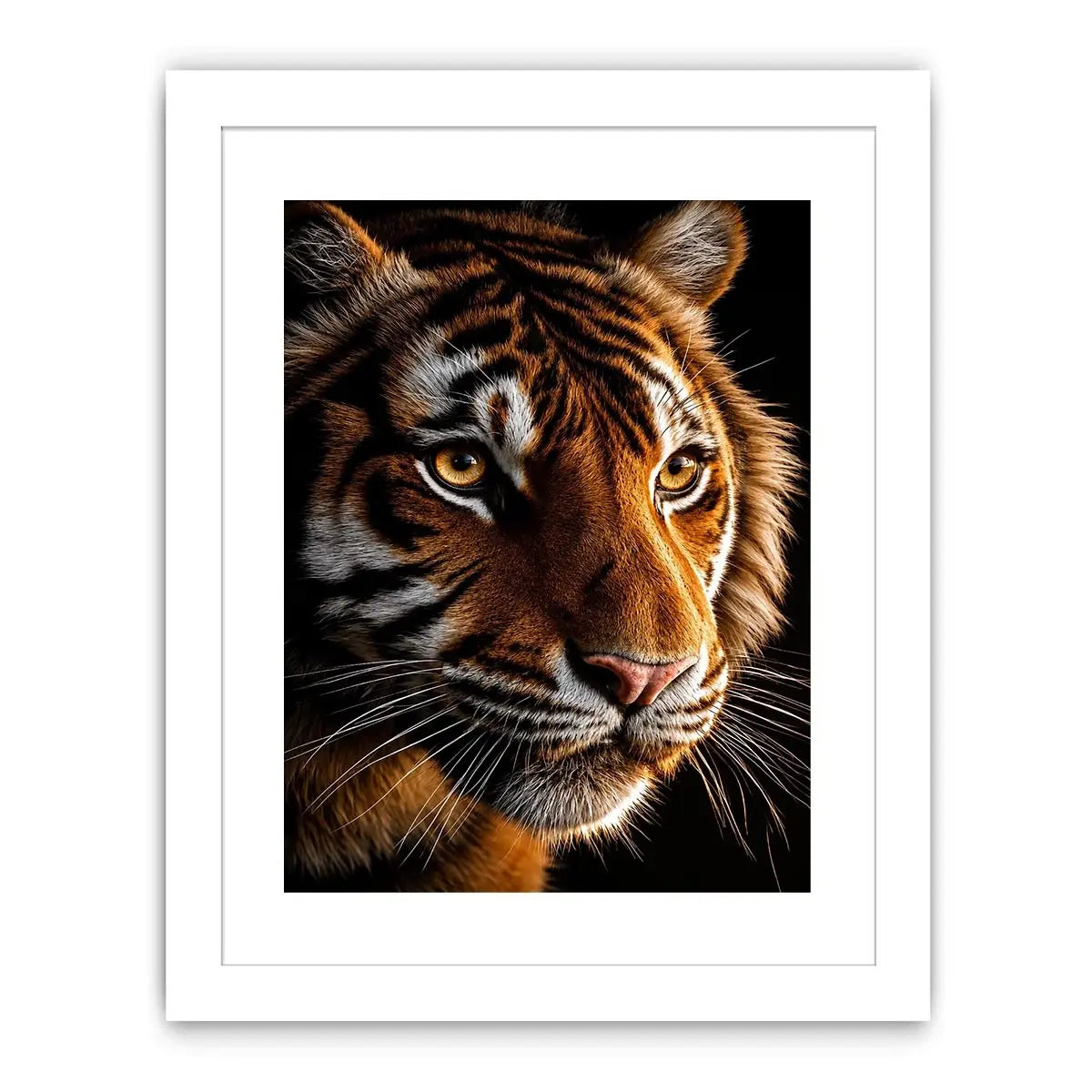 Tiger portrait canvas art with dramatic lighting for modern living room decor.