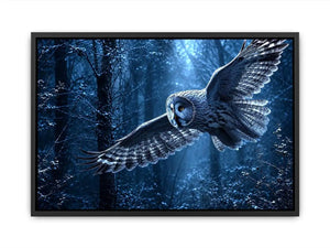 Owl in flight canvas art with misty blue forest for serene bedroom decor.