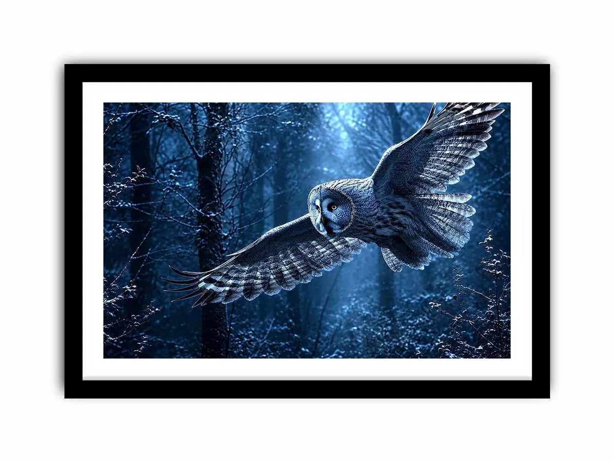 Owl in flight canvas art with misty blue forest for serene bedroom decor.