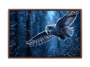 Owl in flight canvas art with misty blue forest for serene bedroom decor.