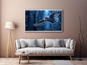 Owl in flight canvas art with misty blue forest for serene bedroom decor.
