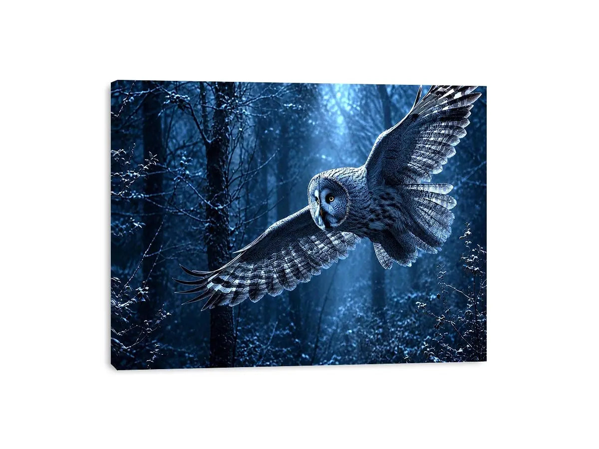 Owl in flight canvas art with misty blue forest for serene bedroom decor.