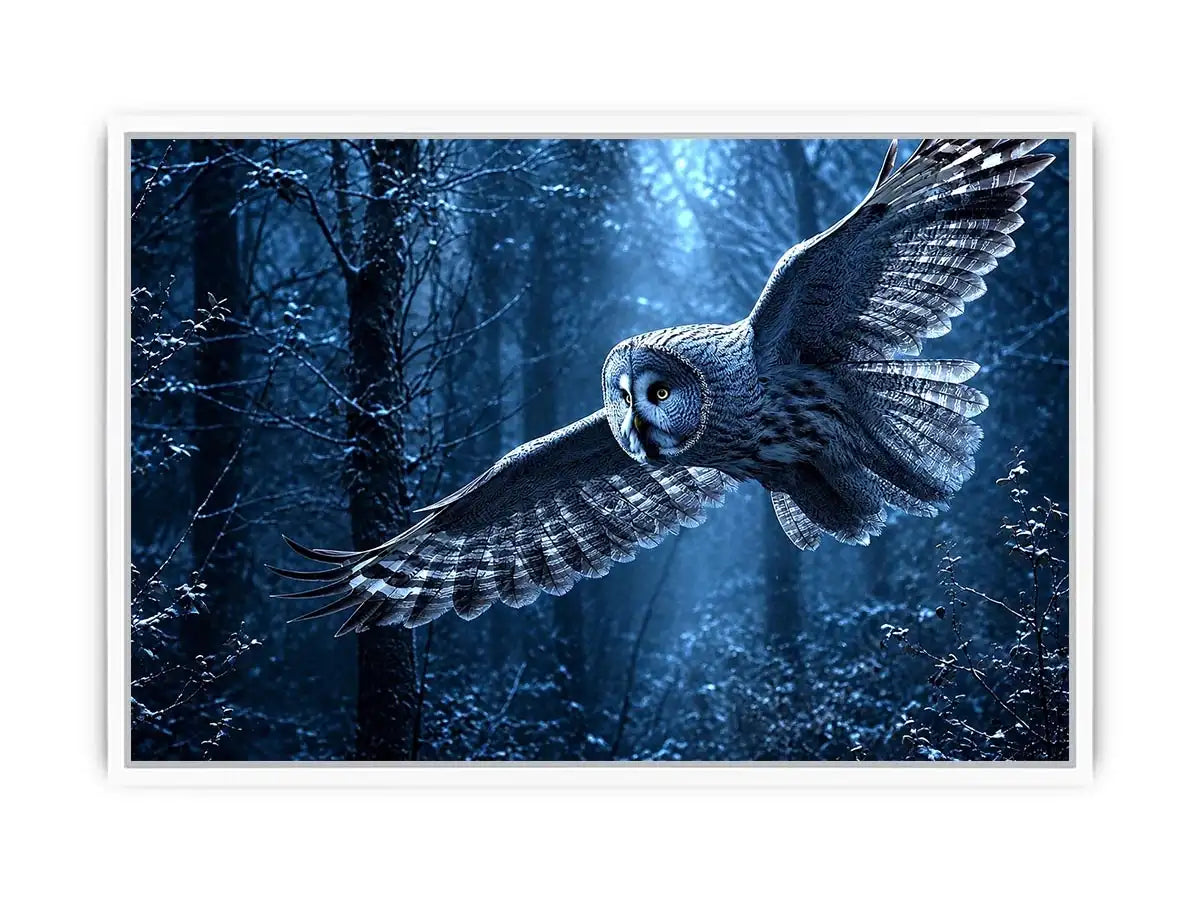 Owl in flight canvas art with misty blue forest for serene bedroom decor.
