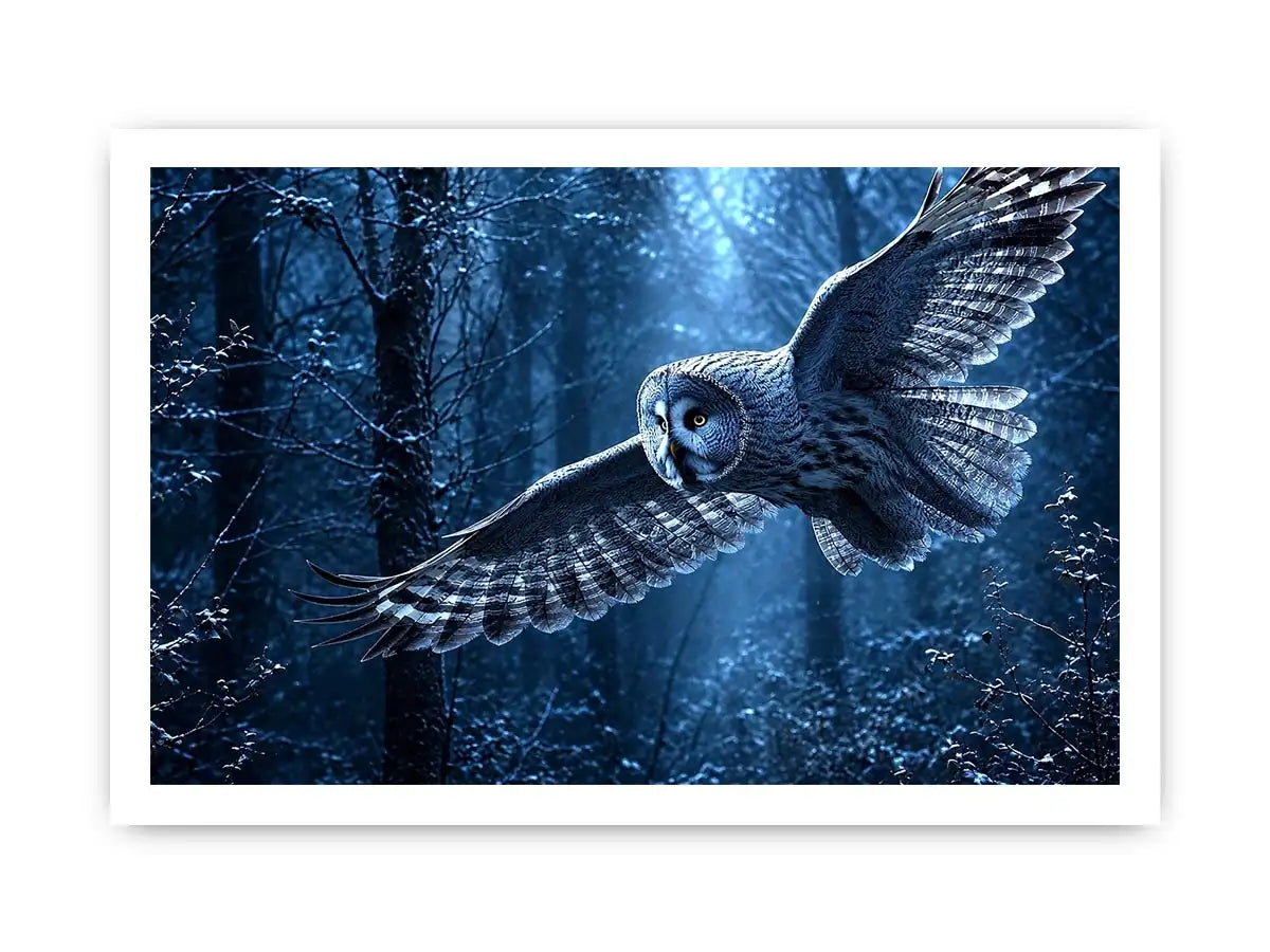 Owl in flight canvas art with misty blue forest for serene bedroom decor.