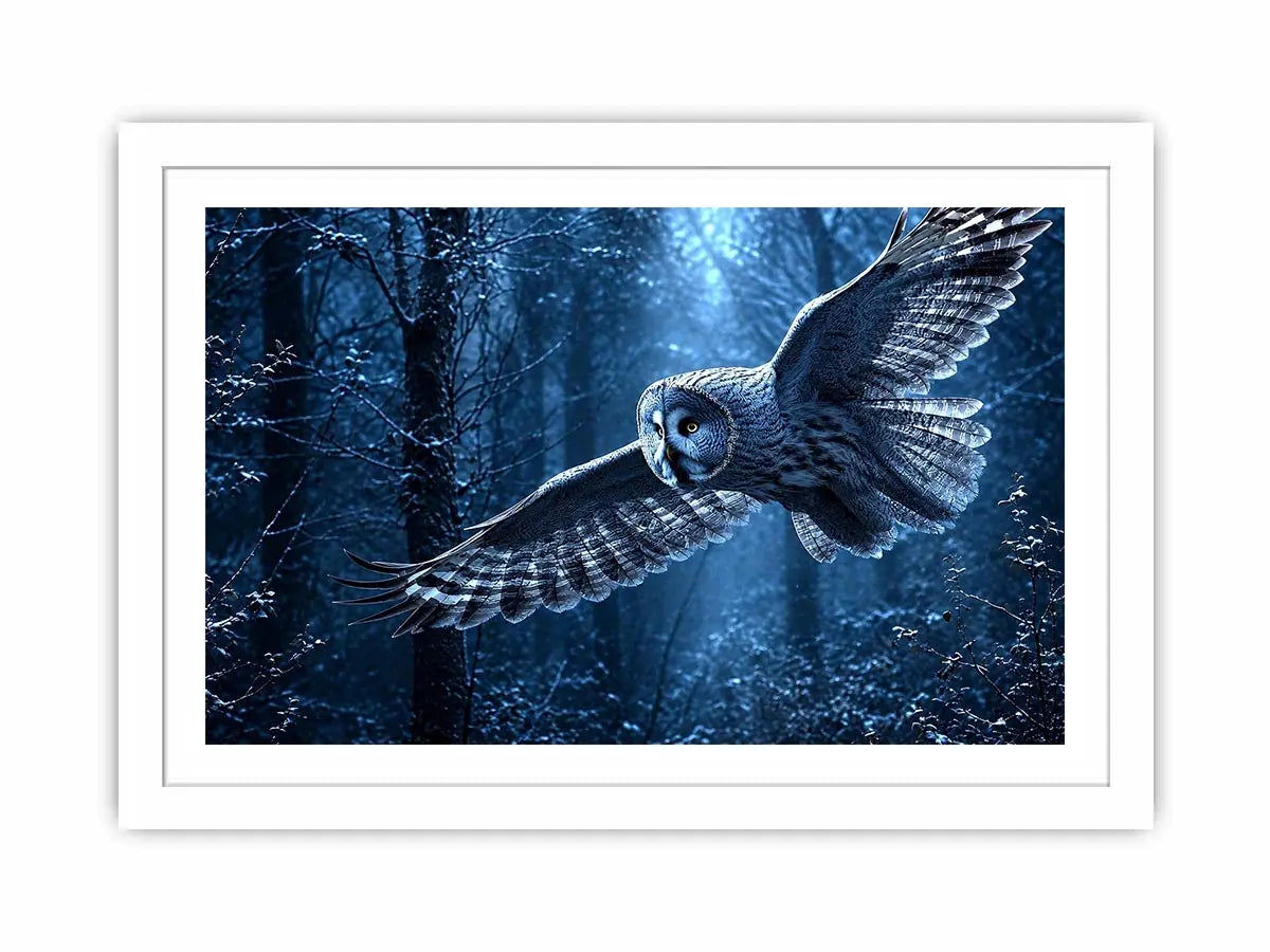 Owl in flight canvas art with misty blue forest for serene bedroom decor.
