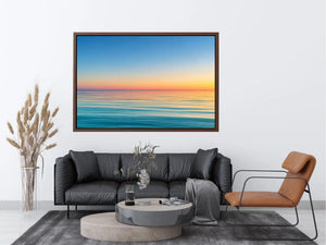 Pastel ocean horizon canvas art for calm coastal living room decor.