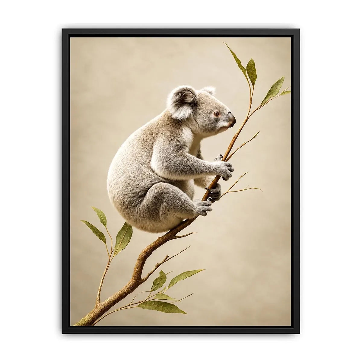 White koala botanical canvas art for soft neutral nursery or bedroom decor.