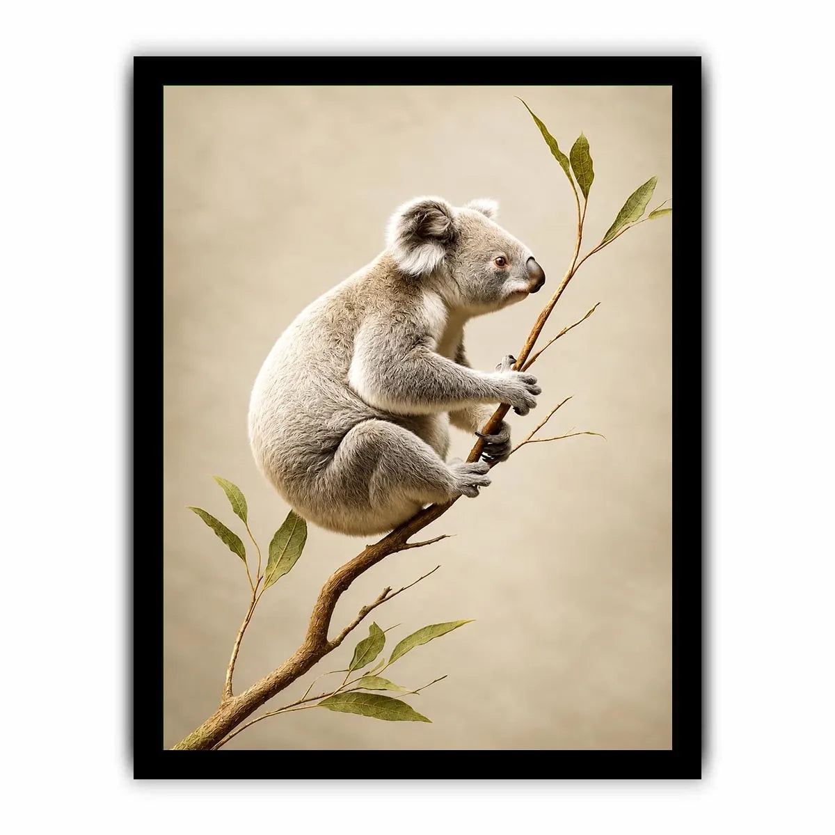 White koala botanical canvas art for soft neutral nursery or bedroom decor.