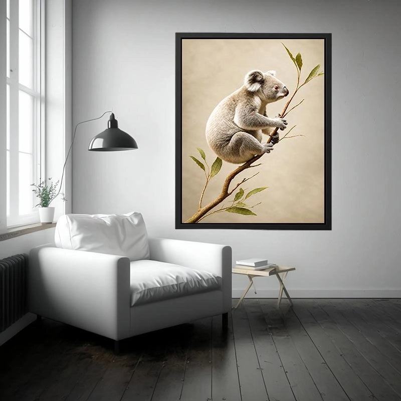 White koala botanical canvas art for soft neutral nursery or bedroom decor.