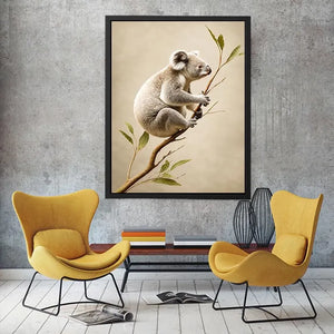 White koala botanical canvas art for soft neutral nursery or bedroom decor.
