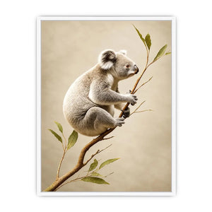 White koala botanical canvas art for soft neutral nursery or bedroom decor.