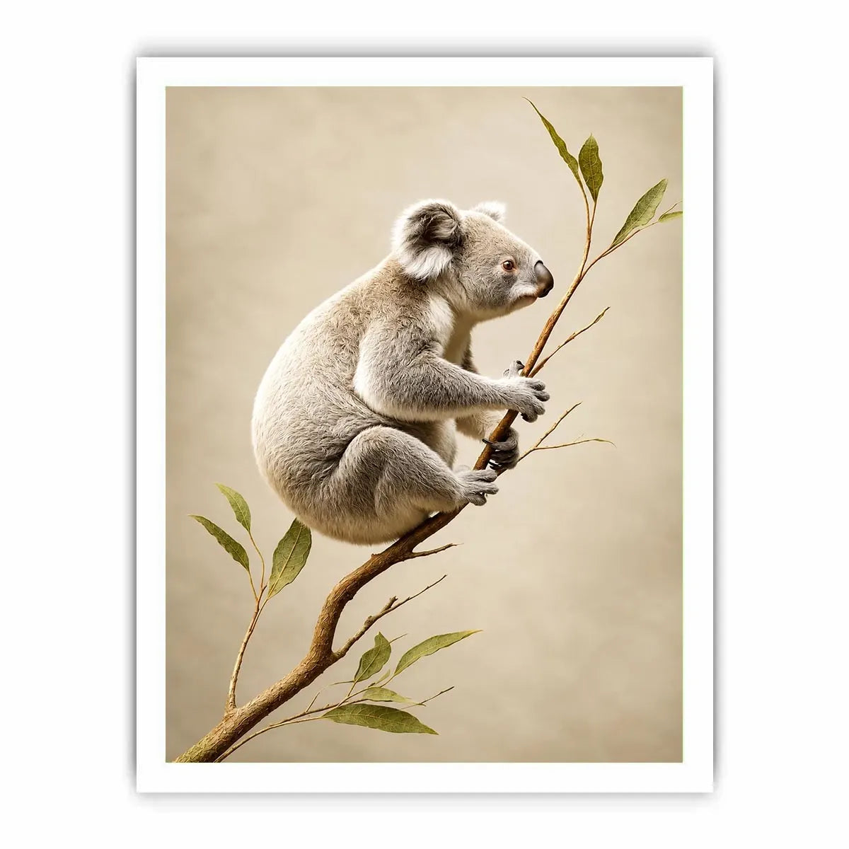 White koala botanical canvas art for soft neutral nursery or bedroom decor.