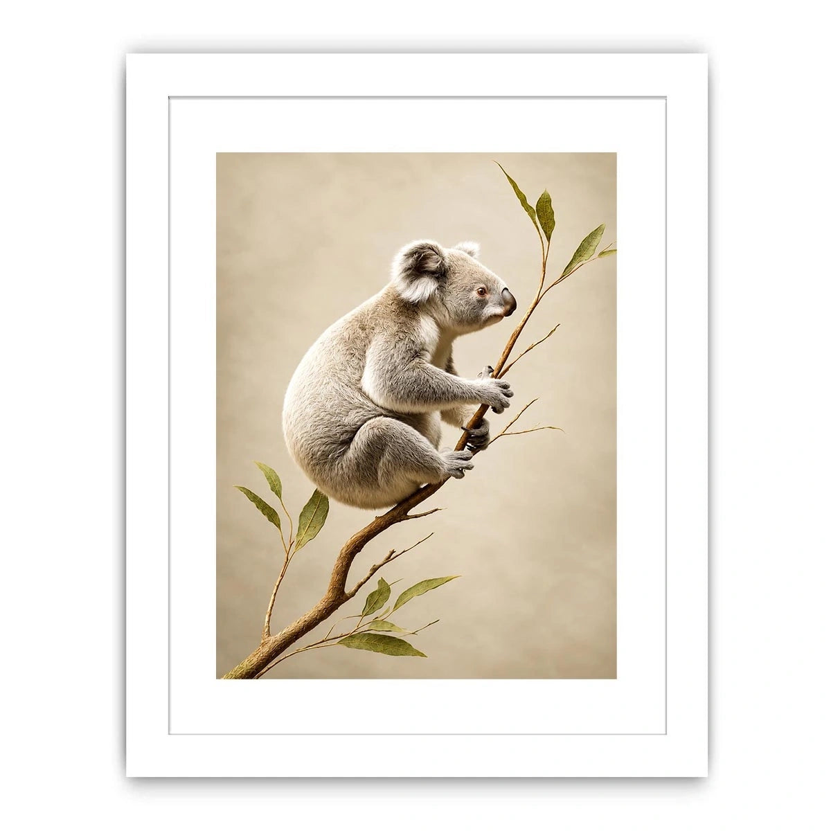 White koala botanical canvas art for soft neutral nursery or bedroom decor.