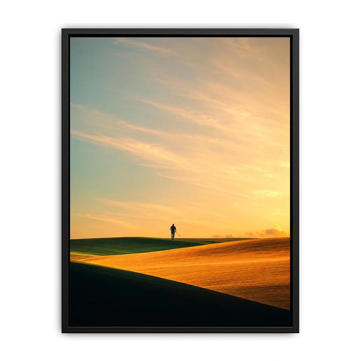 Lone figure desert canvas art with surreal warm tones for modern hallway decor.