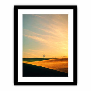 Lone figure desert canvas art with surreal warm tones for modern hallway decor.